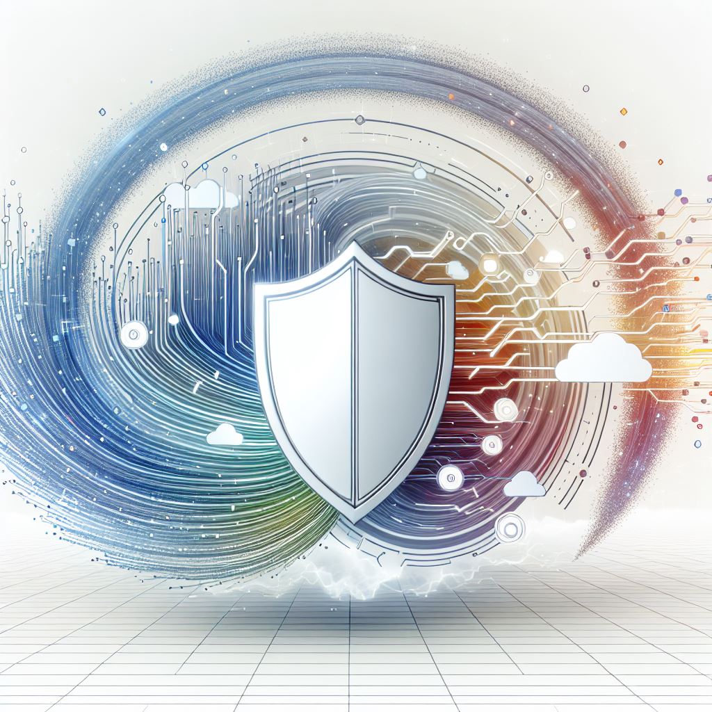 Decorative image of a shield with blue swirls around it, then connecting to a set red circuit pathways connected to a cloud