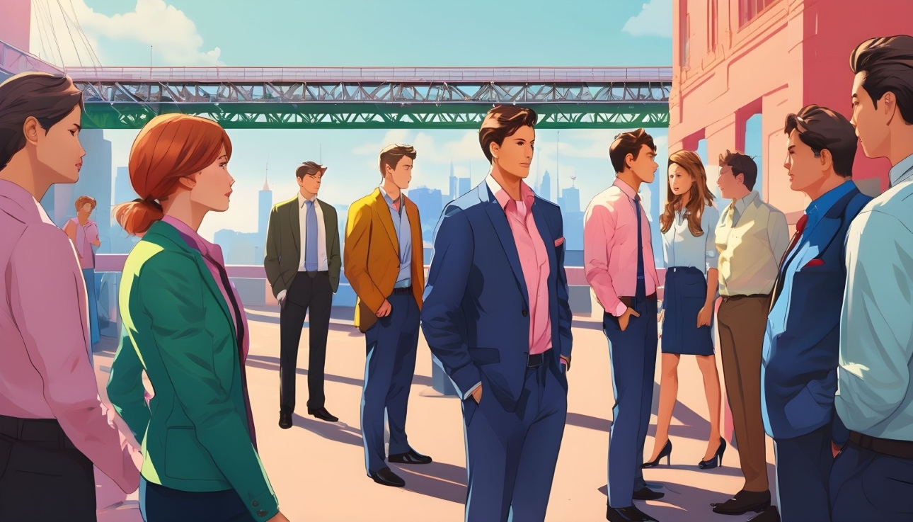 A cartoon image of men and women wearing suits as well as casual clothes standing with a bridge in the background.