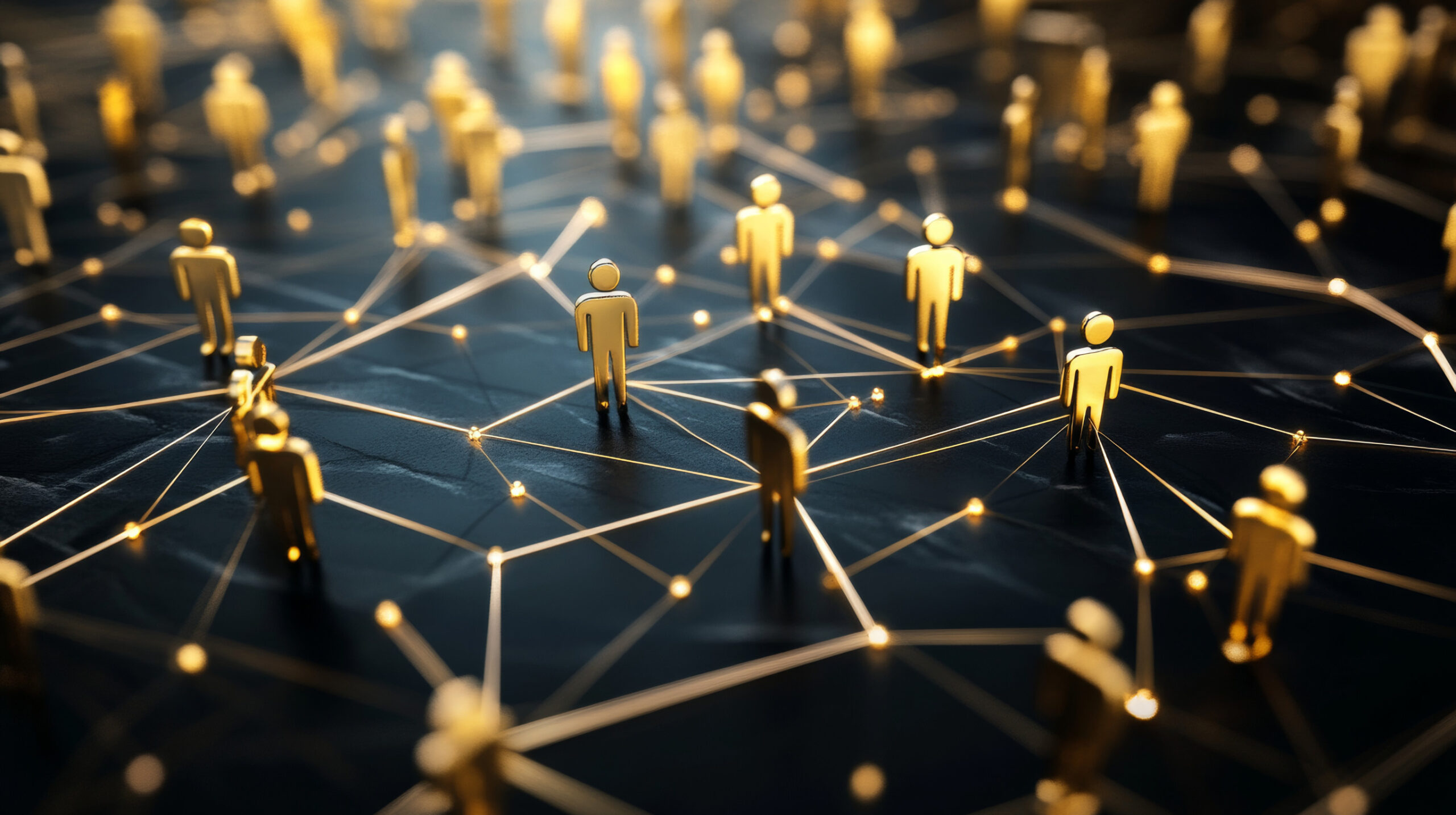 3d visualization of a human connection network with golden figures on a black background design